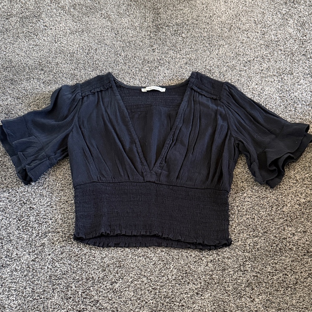 Abercrombie & Fitch Black V-Neck Smocked Waist Blouse